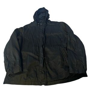 Eddie Bauer, Women’s XL Black Zip up Rain Jacket w/ hood Fleece along the inner